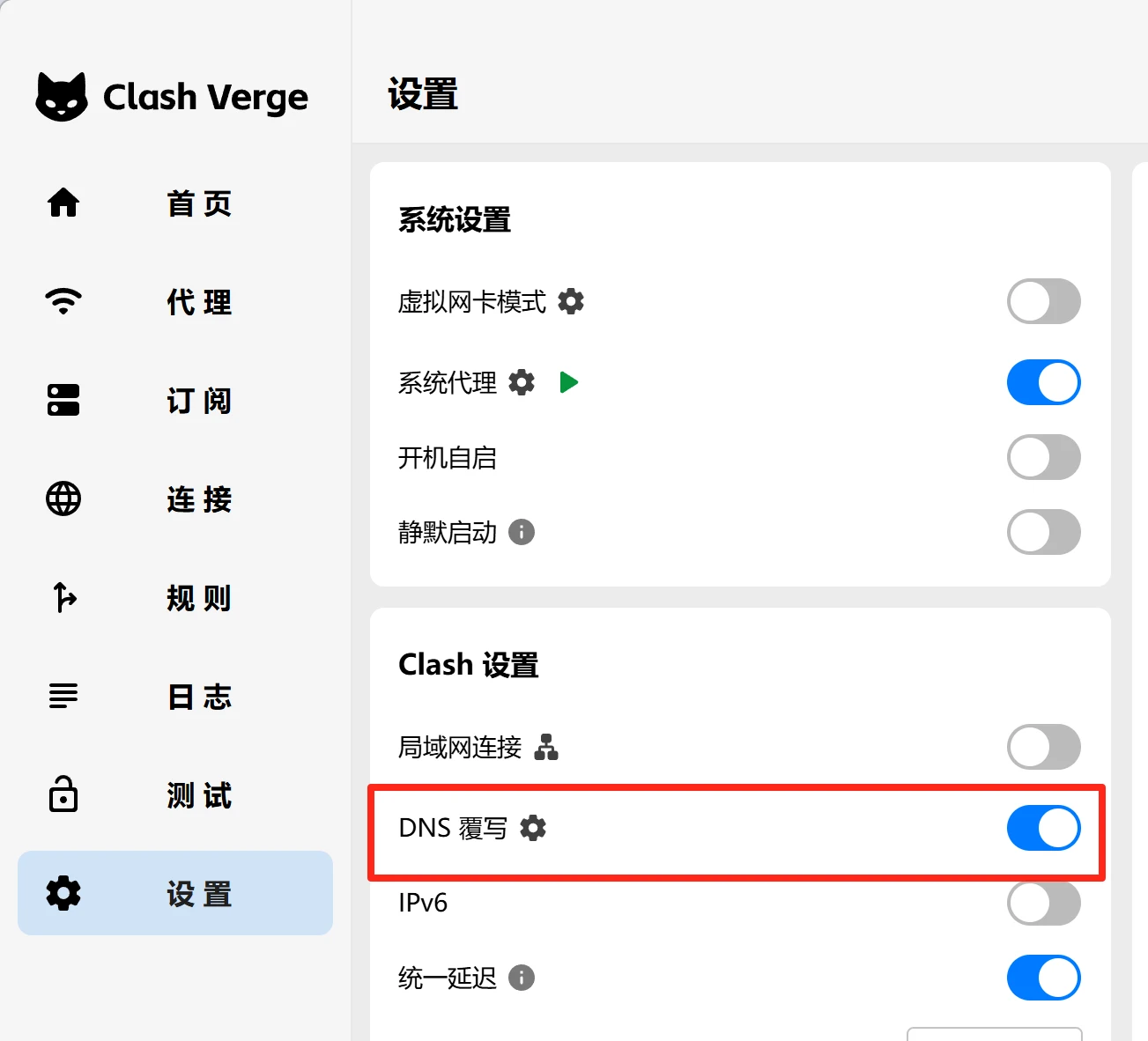 Clash Verge Rev 关闭 DNS 覆写选项